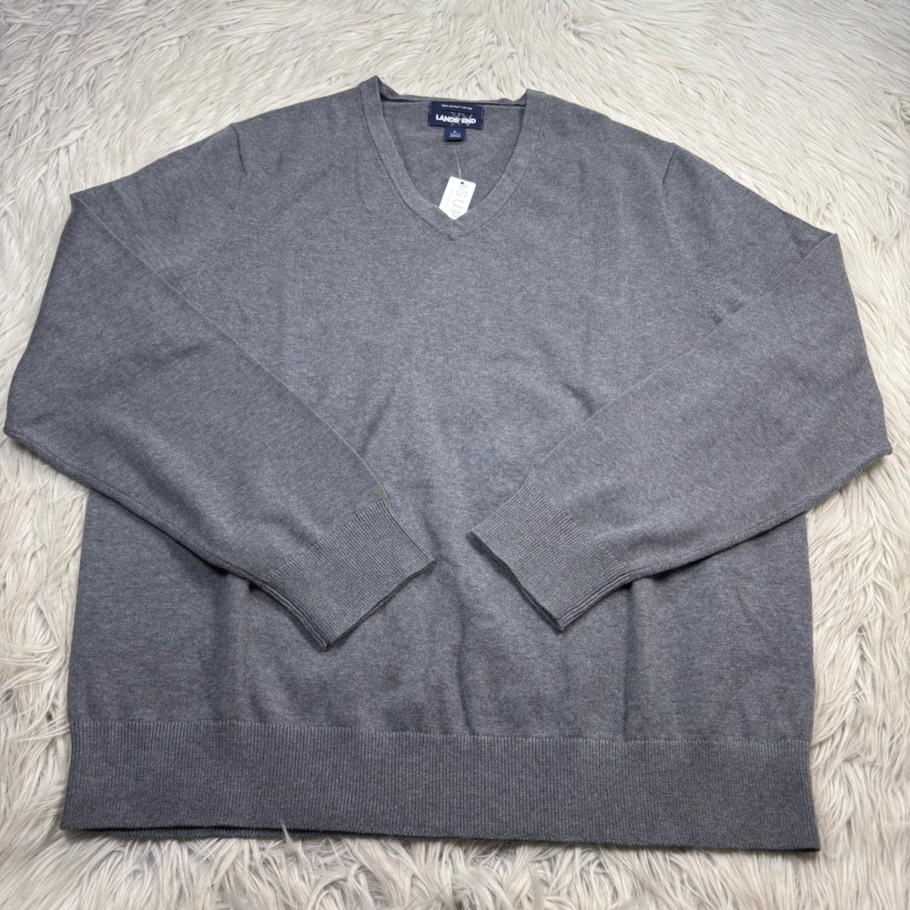 NWT Lands' End Men's L Gray V-Neck Supima Cotton Sweater Preppy